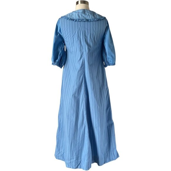 Ganni Re-Cut Striped Cotton V-Neck Midi Dress Blue Puff Sleeve - Picture 7 of 13